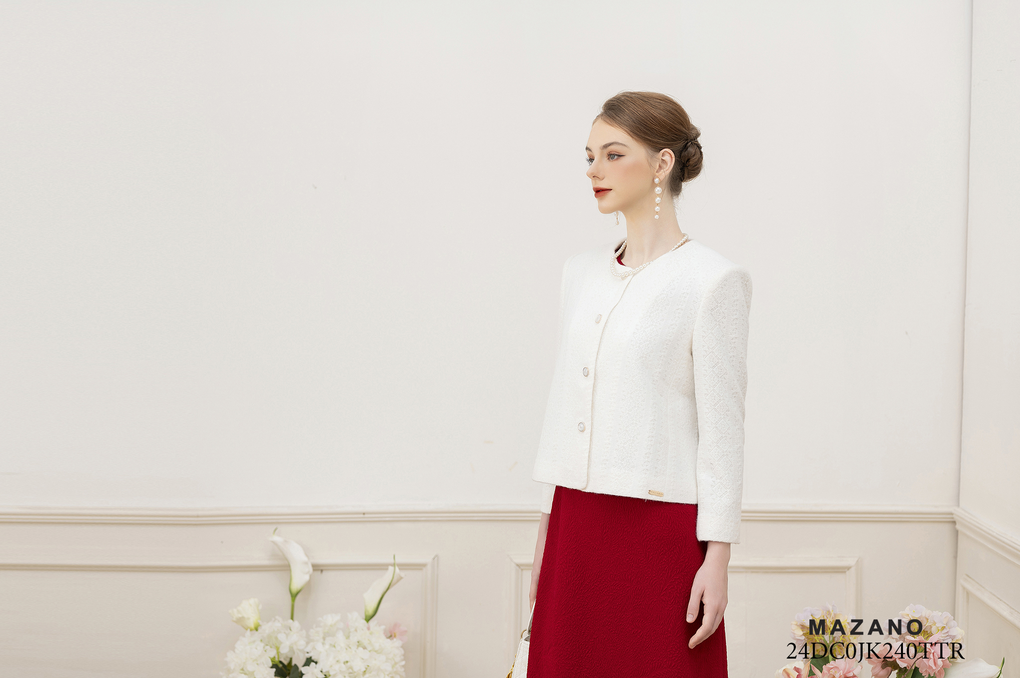 Áo khoác ngắn Suông Vải dạ len dày Họa tiết hoa văn kẻ Đính trang trí Dài dưới eo