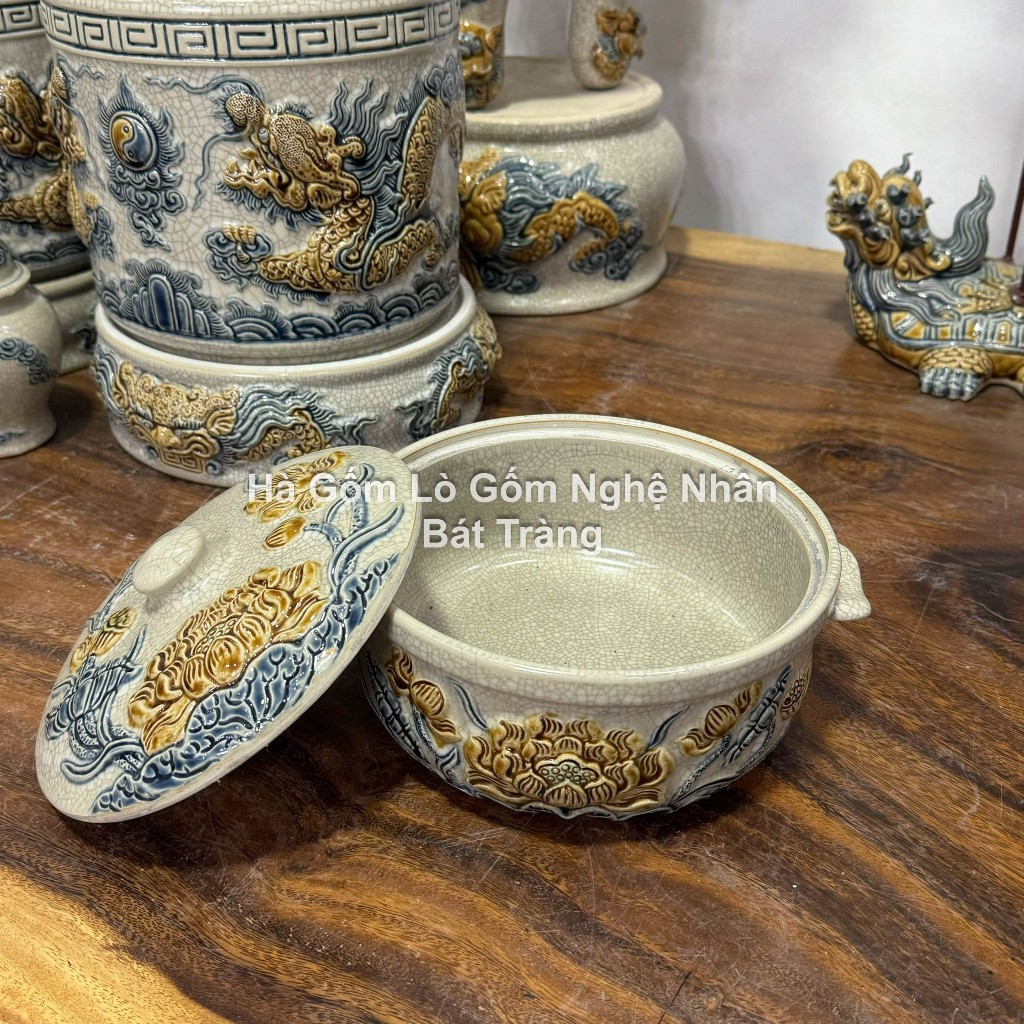 Đồ Thờ Cúng Thố Cơm, Âu Cơm, Vại Cơm, Nồi Cơm Men Rạn Đắp Nổi Bát Tràng Cao Cấp_thumbnail_4