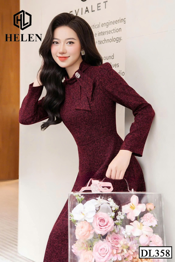 Đầm xoe dạ đỏ đô cổ nơ lệch tay dài DL358_thumbnail_3