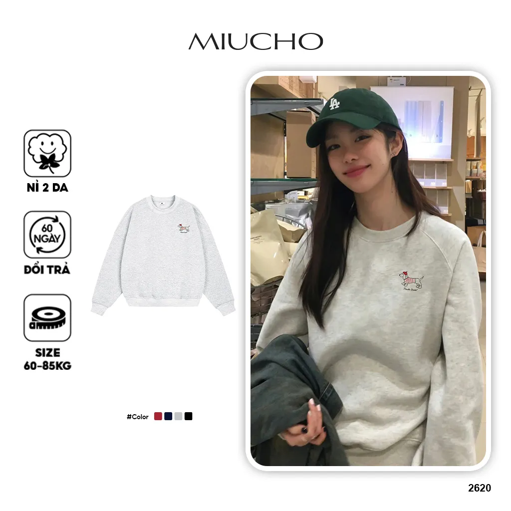 Áo sweater form boxy basic dễ phối 2620 Miucho vải nỉ bông thoáng mát tay dài cổ tròn in mix_thumbnail_1