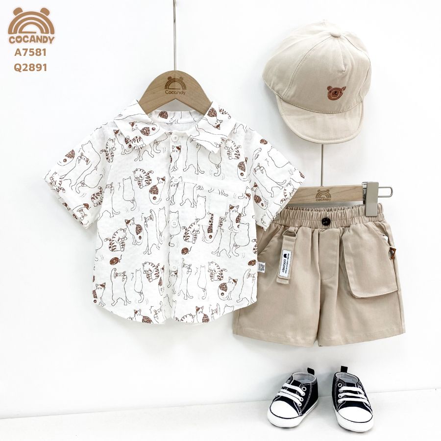 Áo cộc sơ mi TRẮNG phối hình mèo