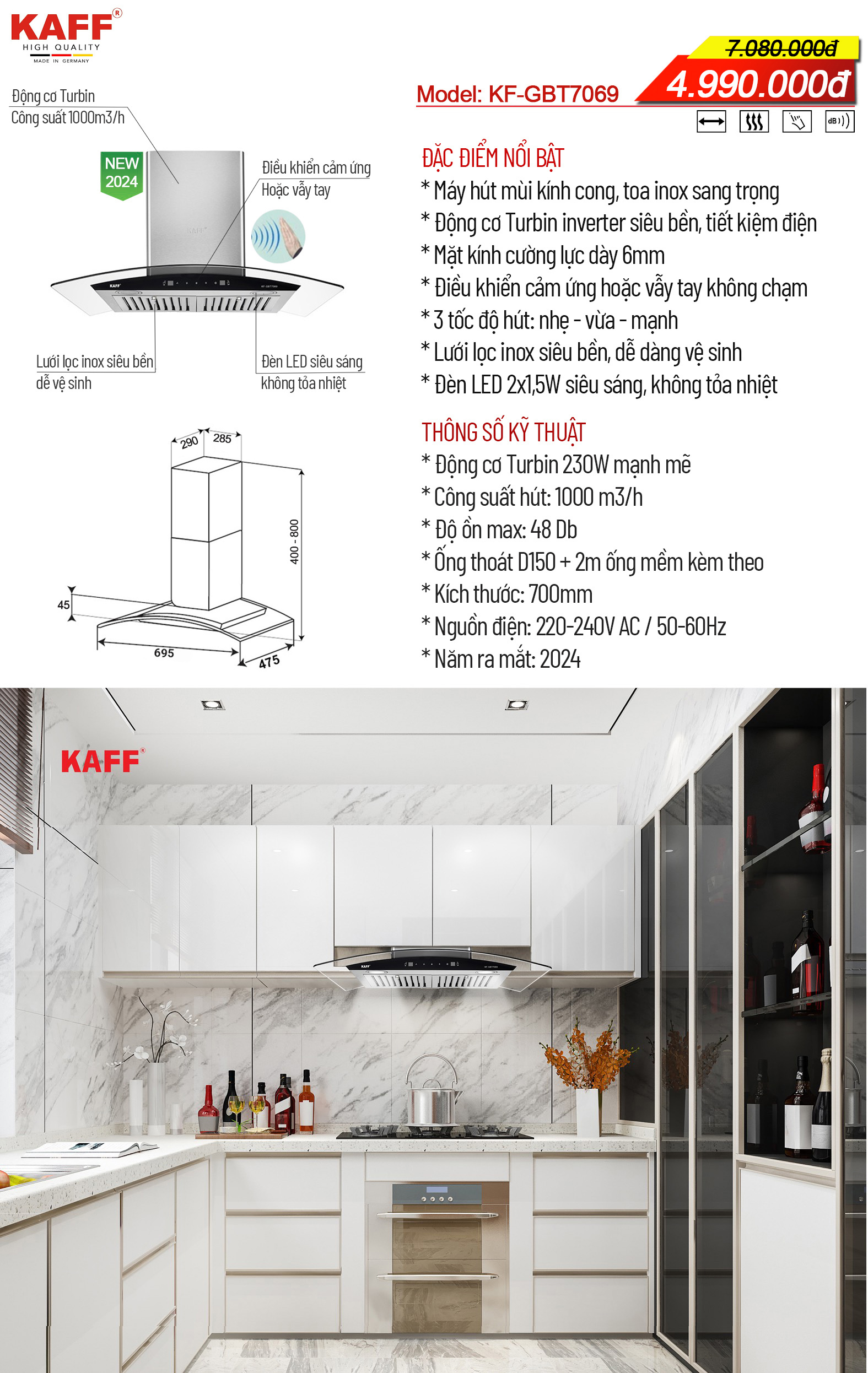 Thông số kỹ thuật của máy hút mùi Kaff KF-GBT7069
