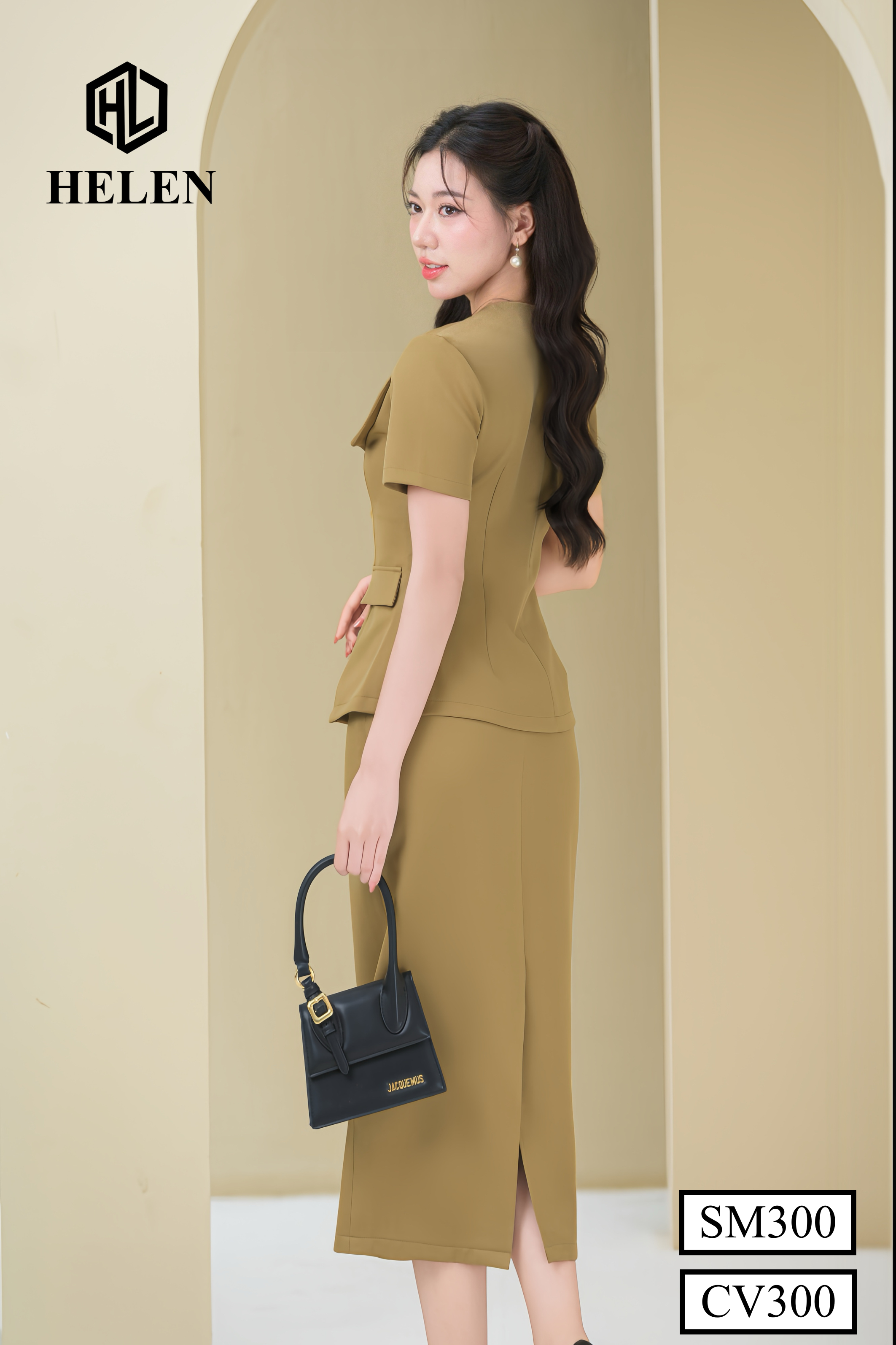 SET sơ mi cổ bẻ ve cách điệu + chân váy dáng dài màu nâu SET300