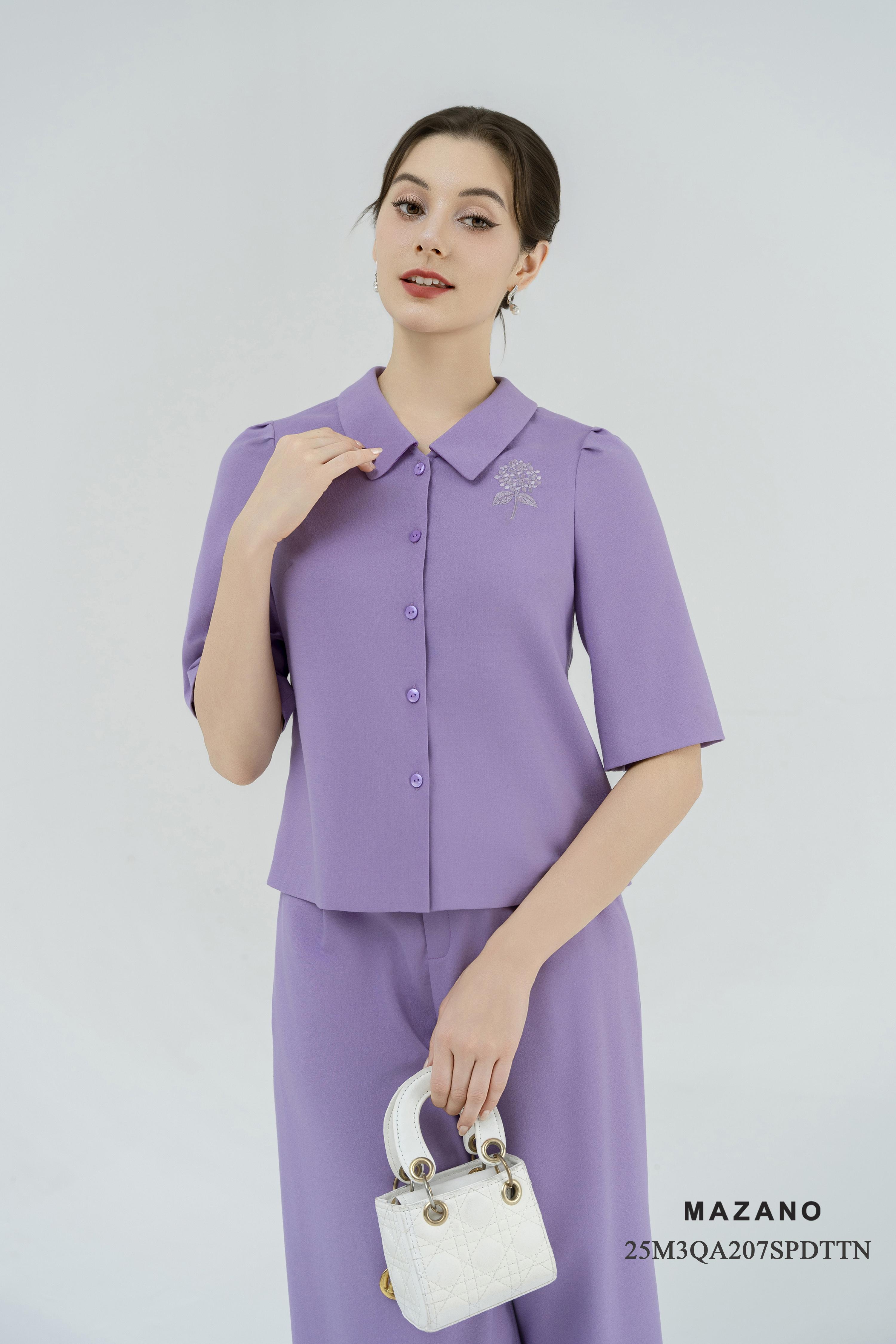 Bộ Quần và Áo suông Vải thô pha linen Thêu hoa thủ công Cổ nằm Tay lỡ Dài quần tới mắt cá chân_thumbnail_2