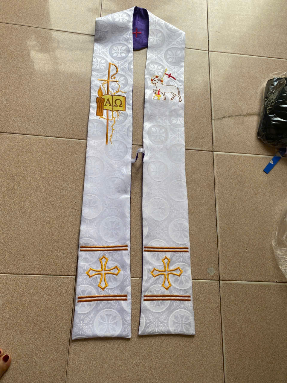 Dây Stola, dây các phép màu tím trắng, vải gấm- Quà tặng linh mục, tu sĩ, Cha xứ_thumbnail_2