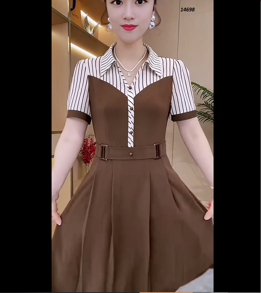 14698-Đầm xòe nâu phối trắng sọc phía trên (chéo nhật, lụa sọc)_thumbnail_3
