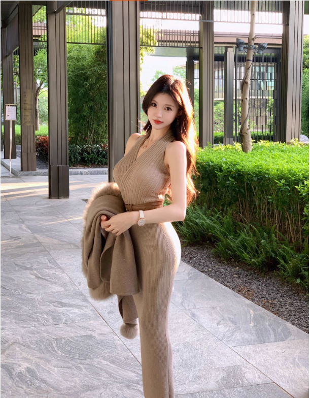 Áo Choàng & Đầm Len Dệt Kim Màu Kaki Phong Cách Pháp_thumbnail_2