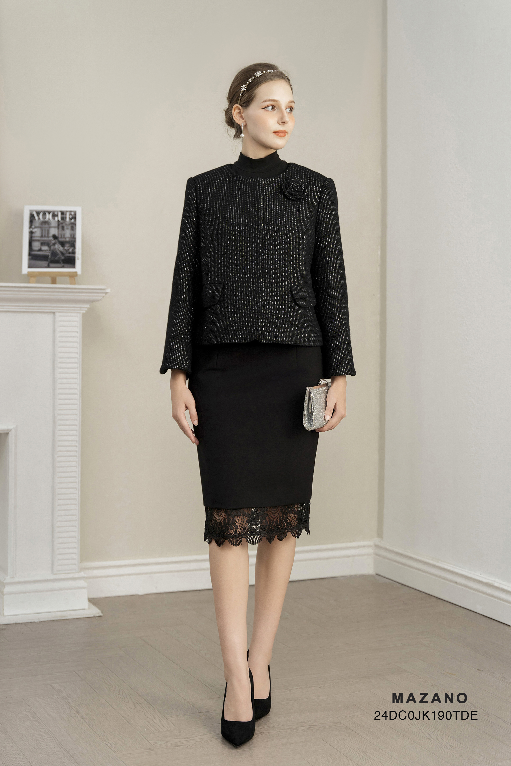 Áo khoác ngắn Vải dạ tweed Đính hoa thủ công Cổ trònTay dài Dài qua eo