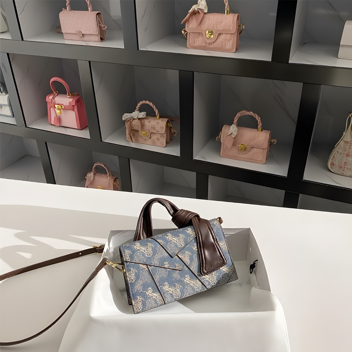 Túi xách UHE_2519 Vera – túi kẹp nách họa tiết vintage, tay cầm da nâu