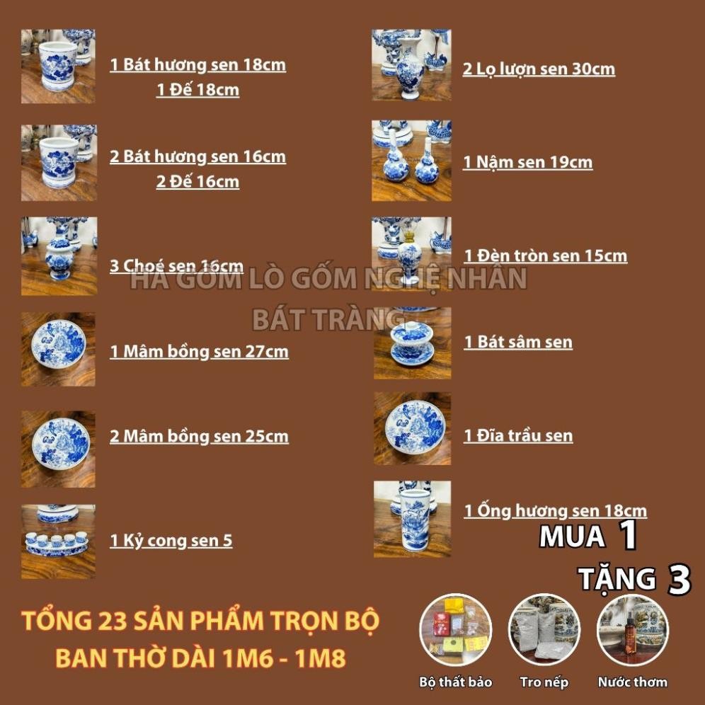HG265 Đồ Thờ Cúng Bộ 23 món ban thờ 1M6 - 1M8 men trắng nghệ nhân Bát Tràng chế tác TẶNG Thất Bảo, Tro Nếp