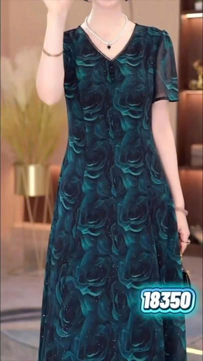 18350-Đầm suông A tay ngắn in họa tiết hoa xanh đen( voan,lót)