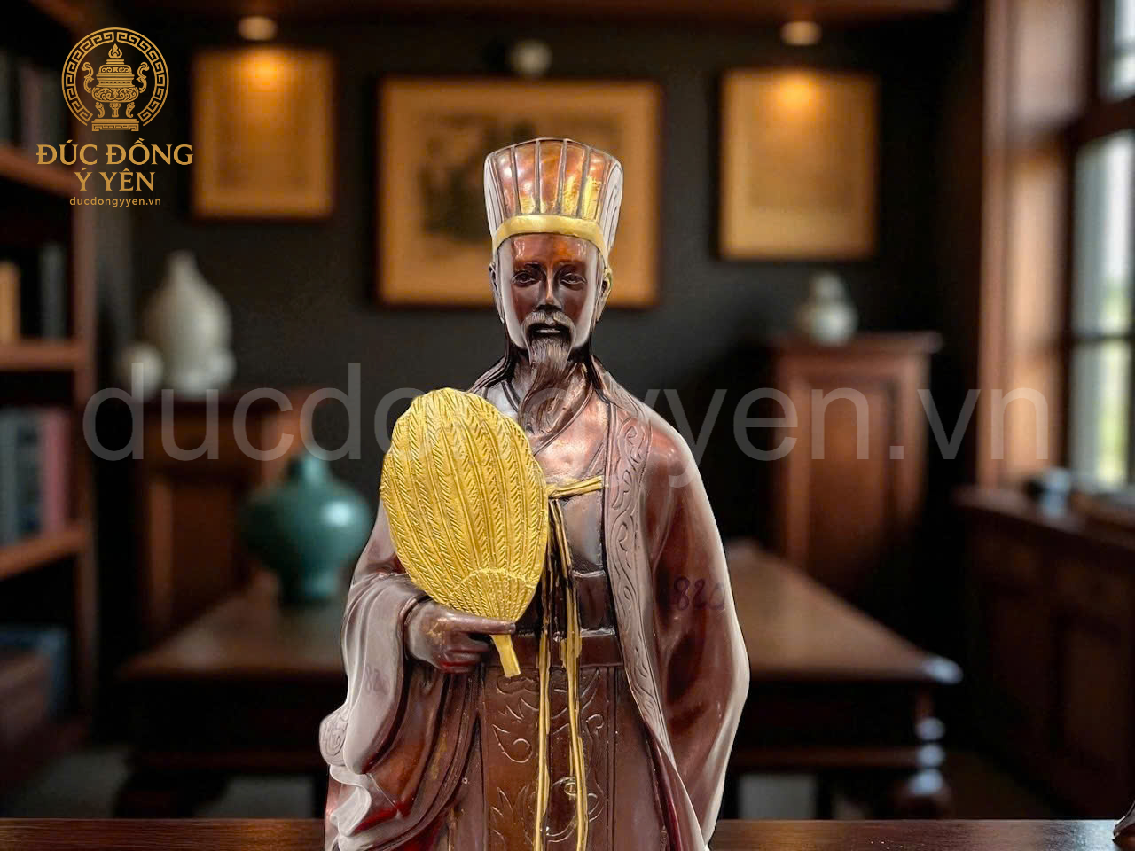 Tượng khổng minh gia cát lượng cầm quạt đúc đồng vàng _thumbnail_3