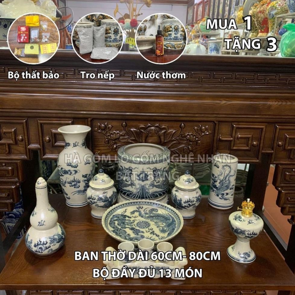 HG014 Đồ Thờ Cúng Bộ 13 món ban thờ 60CM - 80CM men rạn trơn nghệ nhân Bát Tràng chế tác TẶNG Thất Bảo, Tro Nếp