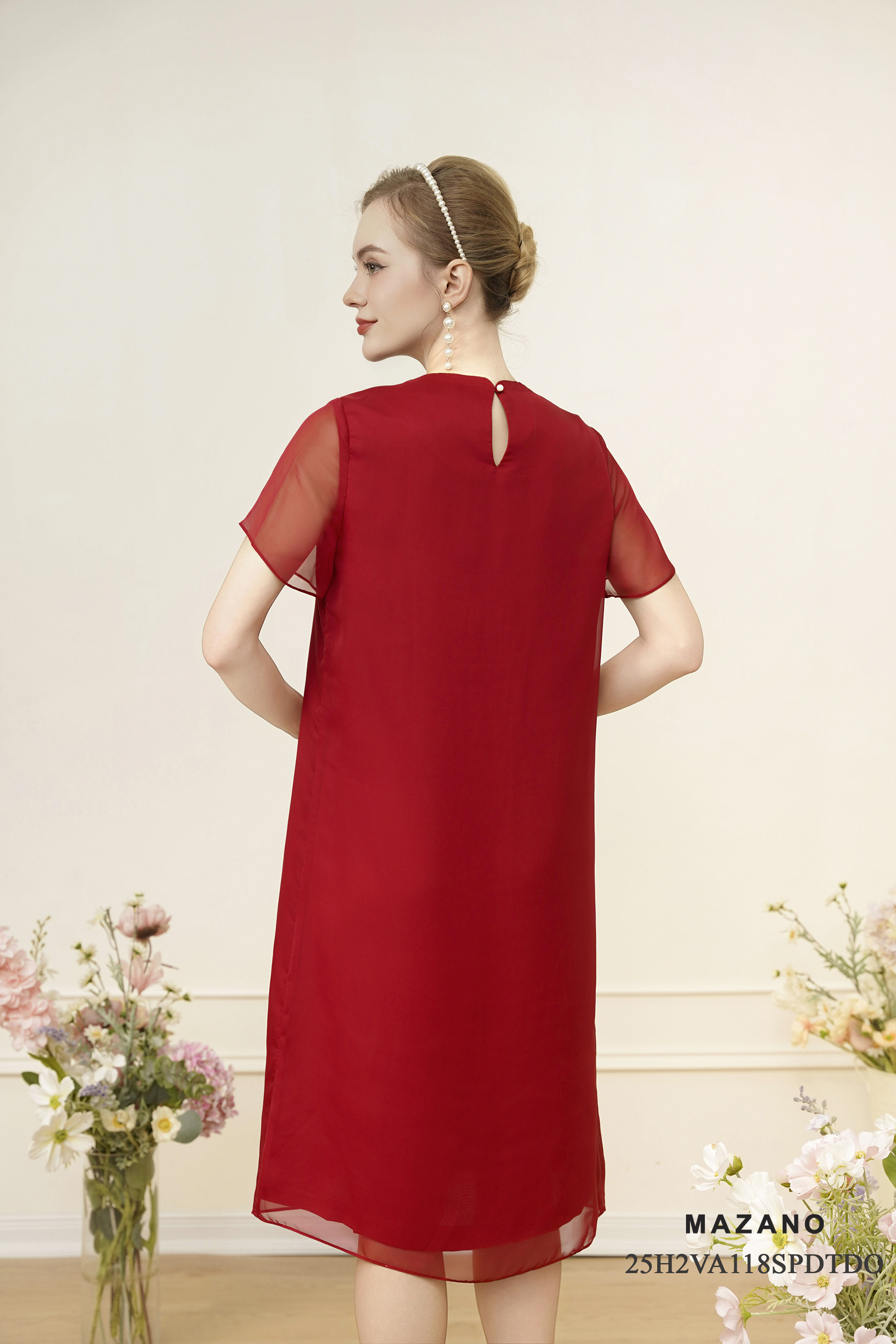 Váy Đầm suông Vải voan mỏng thêu họa tiết bố cục Cổ tròn tay ngắn dài qua gối_thumbnail_3