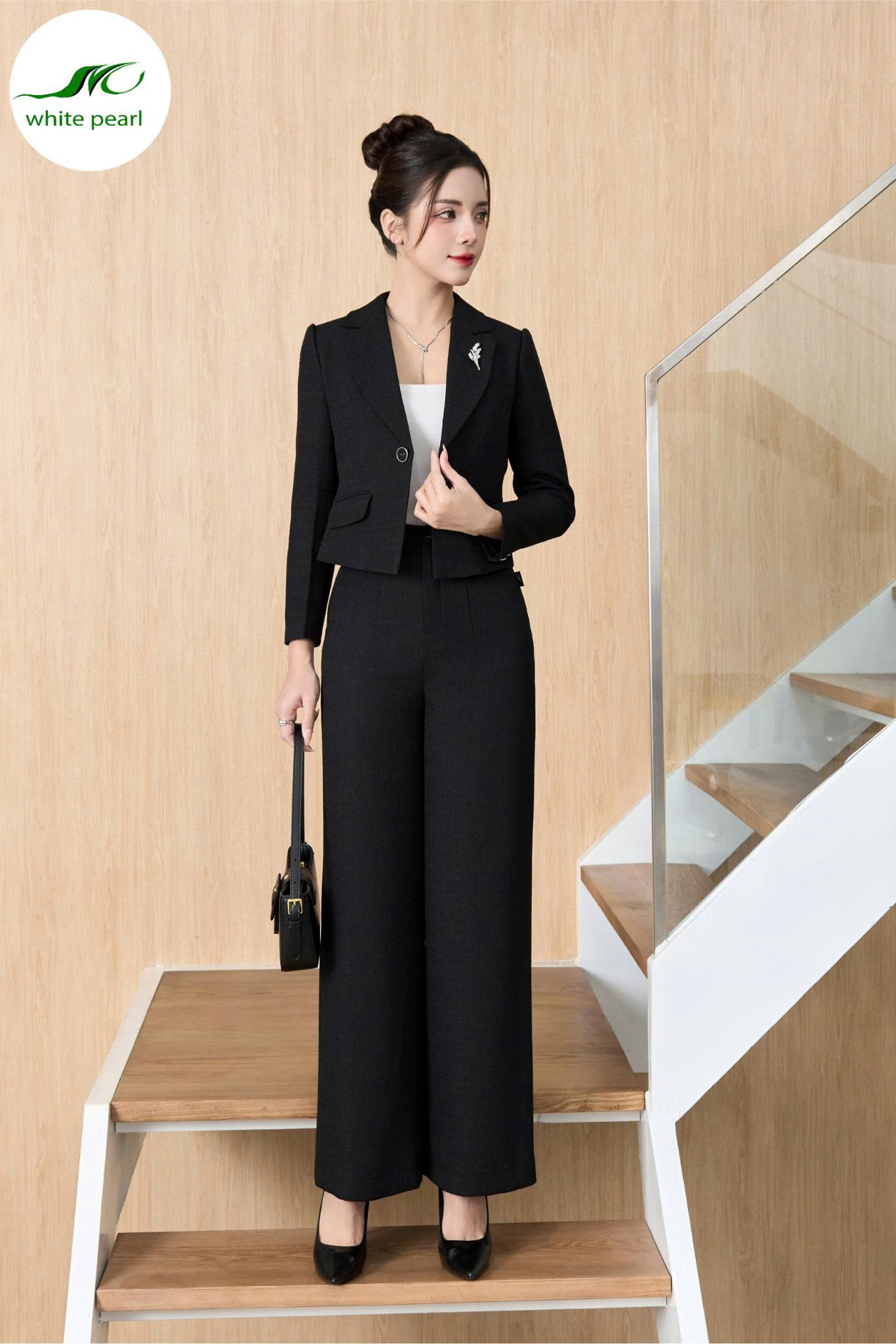 Quần suông dạ 1ly chìm / Áo Vest dạ cổ K Thời Trang Nữ White Pearl