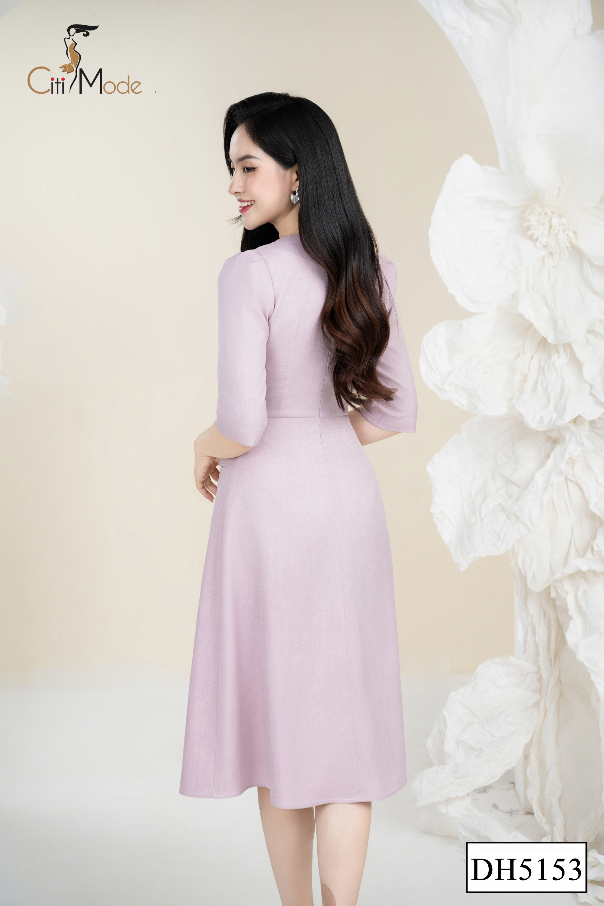 Đầm xoè peplum hồng tay lỡ cổ vạt vuông_thumbnail_1