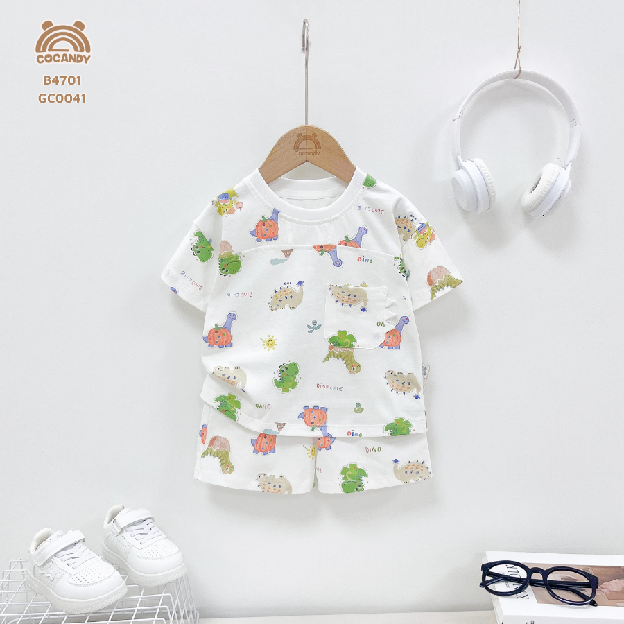 Bộ cộc TRẮNG họa tiết khủng long màu sắc