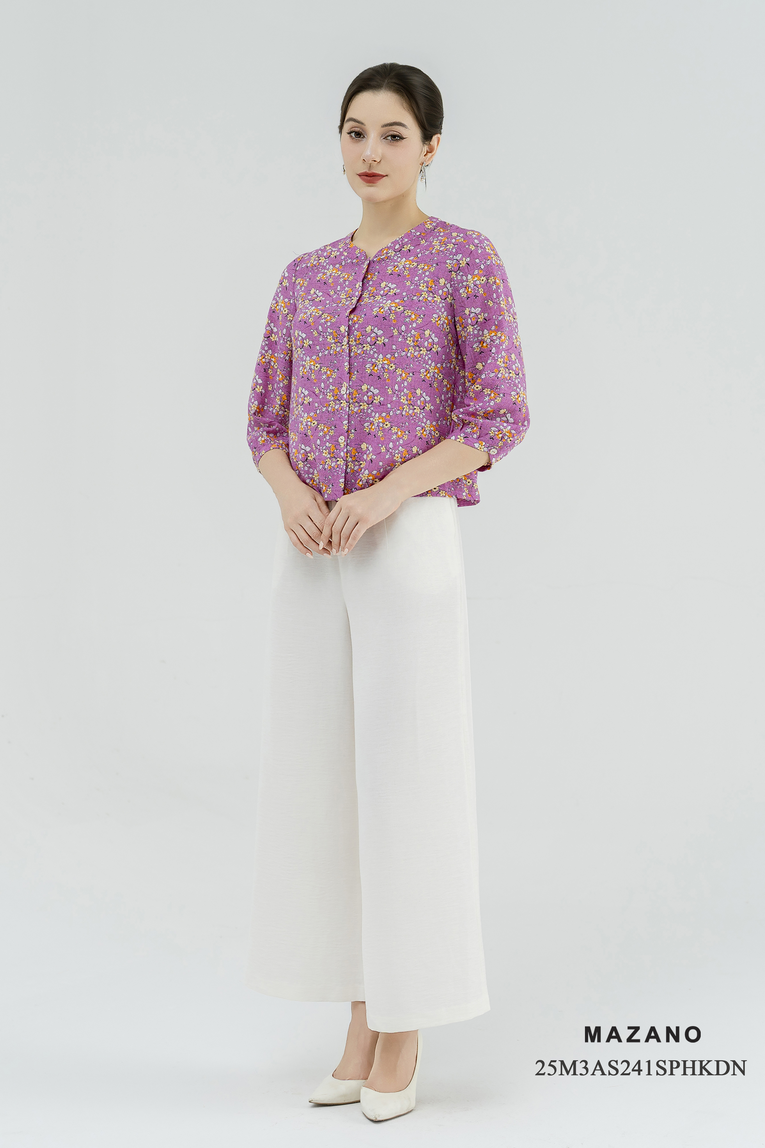 Áo sơ mi cài khuy Suông Vải thô mỏng Họa tiết hoa nhỉ Cổ tàu cách điệu cài khuy Tay lỡ Dài dưới eo