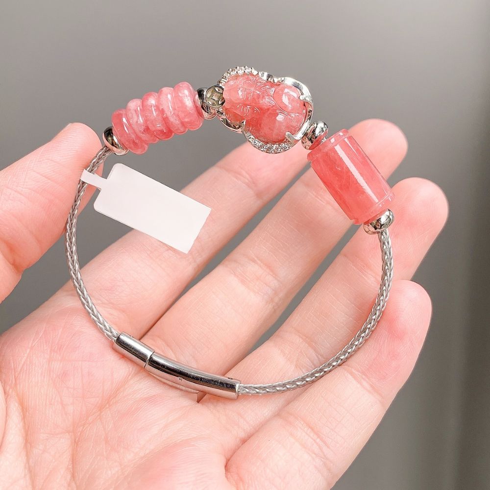 PT183 - Vòng tay dây cáp tỳ hưu bọc bạc mix lu thống ngũ điếu đá đào hoa