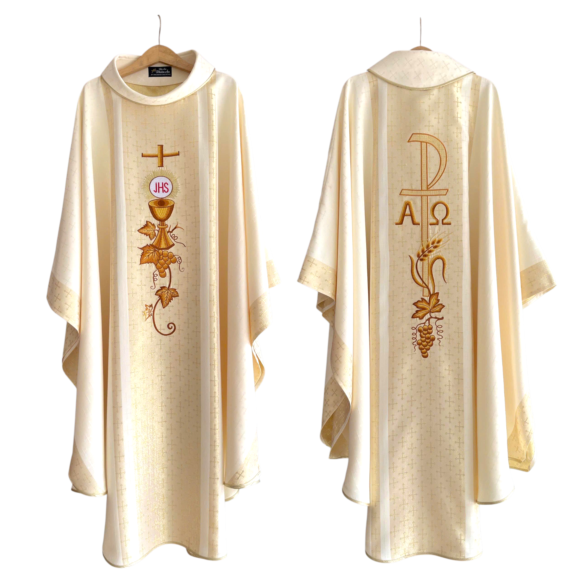 Áo lễ gấm Thánh Giá màu vàng kem