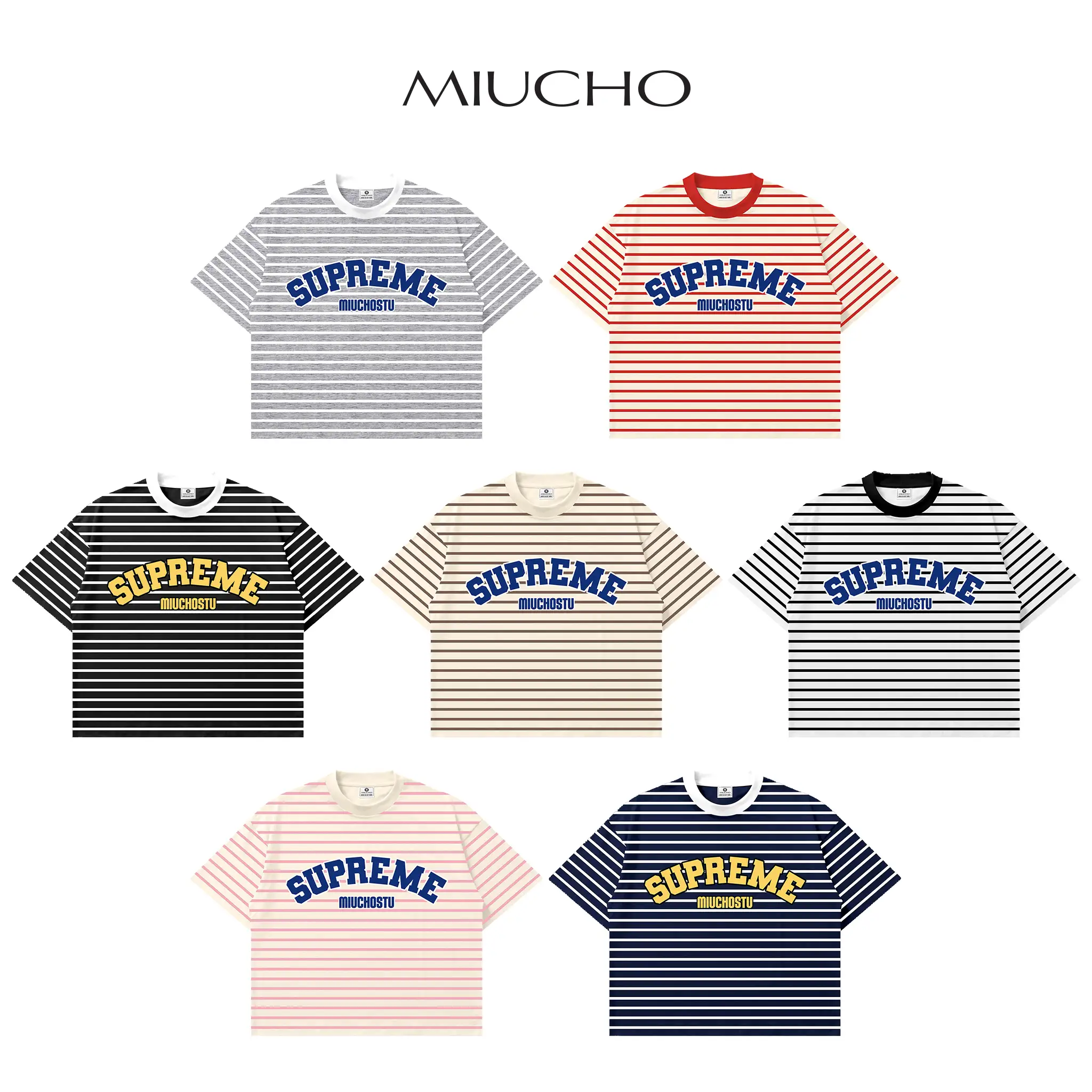 Áo thun nam nữ form boxy kẻ sọc mix màu Miucho vải borip thoáng mát mềm mại cổ tròn in basic 2830