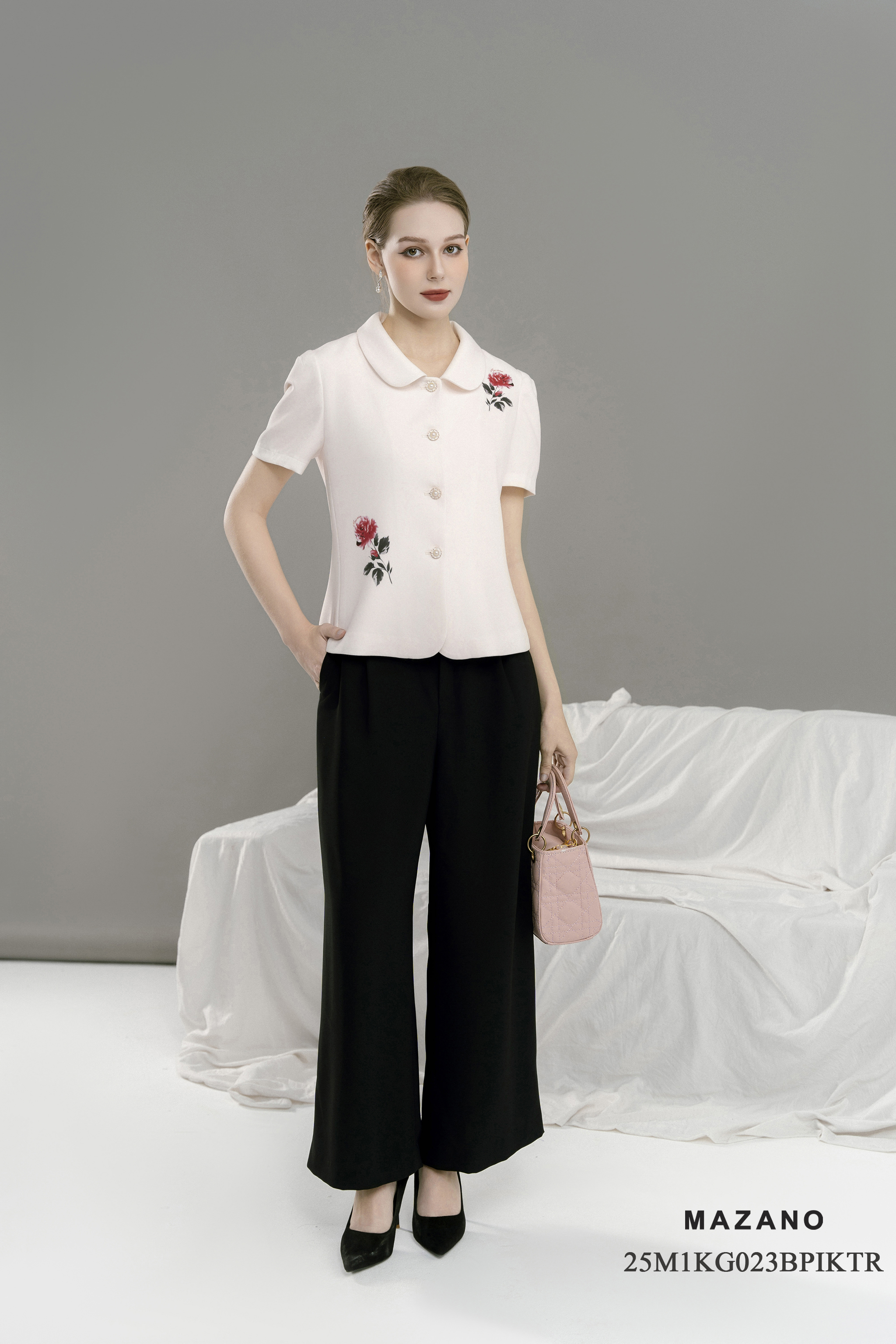 Áo ký giả Vải thô chun In họa tiết hoa hồng Cổ bẻ Tay ngắn Dài dưới eo_thumbnail_2