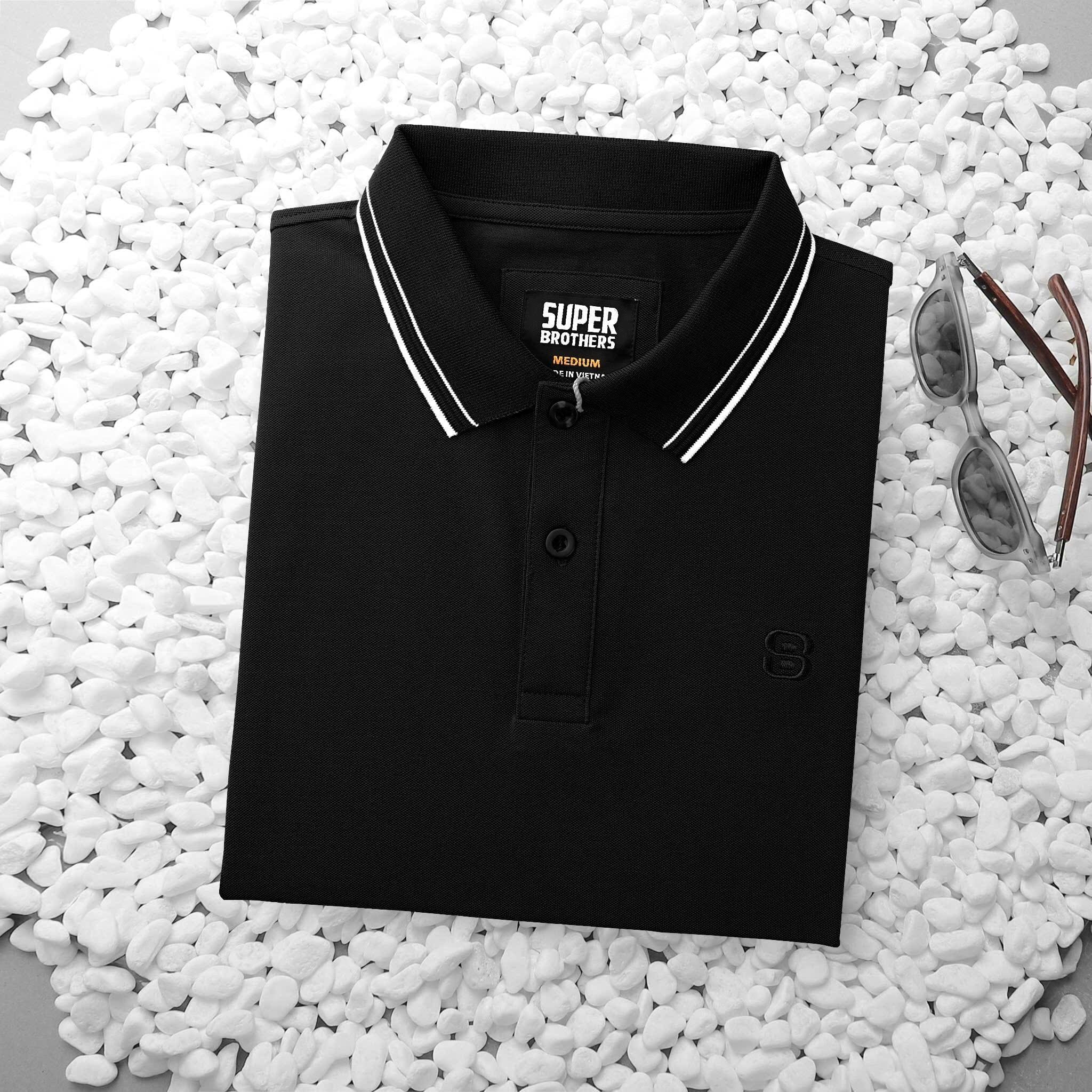 Áo Polo Super Brother Cotton Cá Sấu Logo Thêu Màu Đen