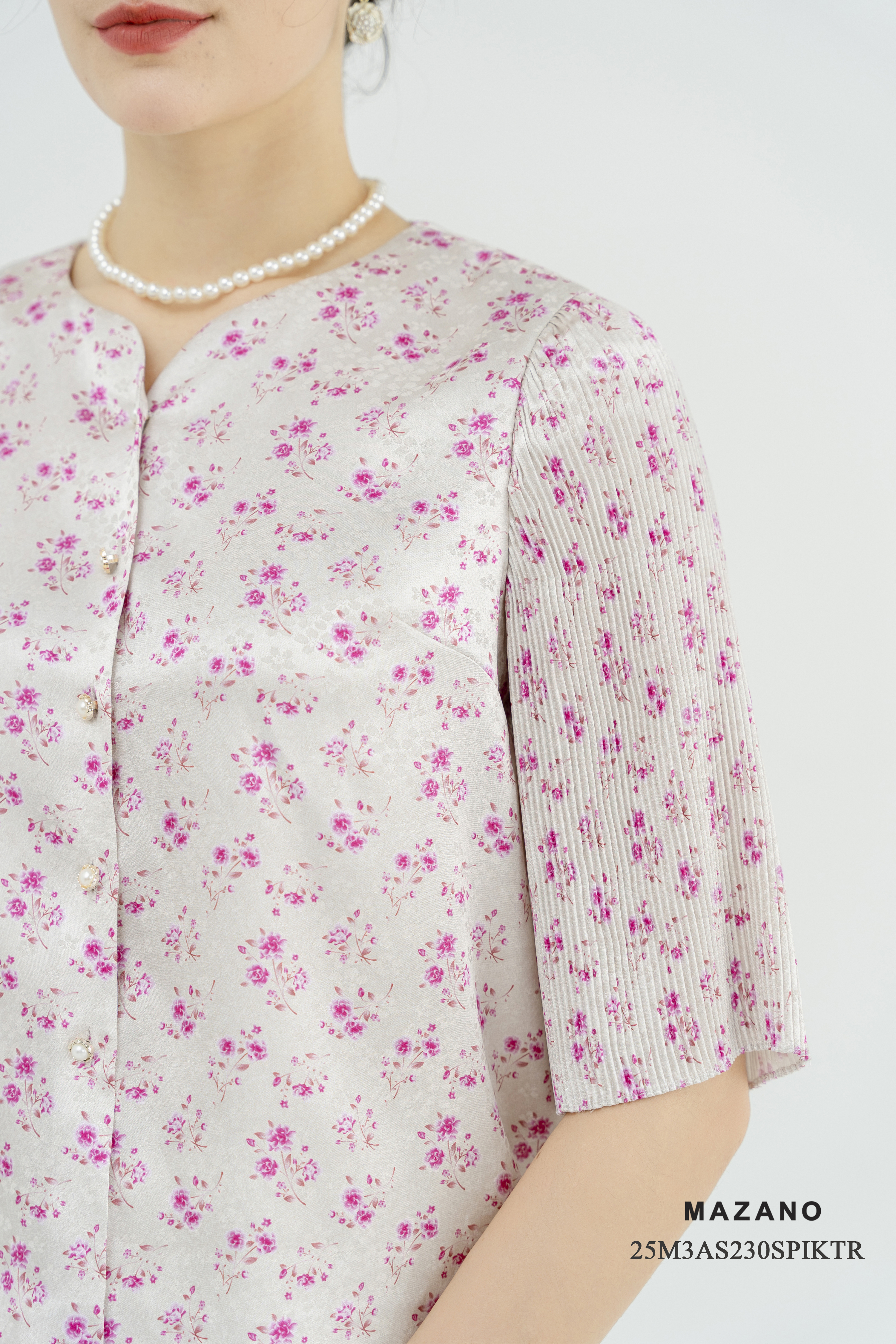 Áo Top suông cài khuy Vải lụa gấm Họa tiết hoa hồng Cổ tròn Tay dập ly Dài dưới eo_thumbnail_3