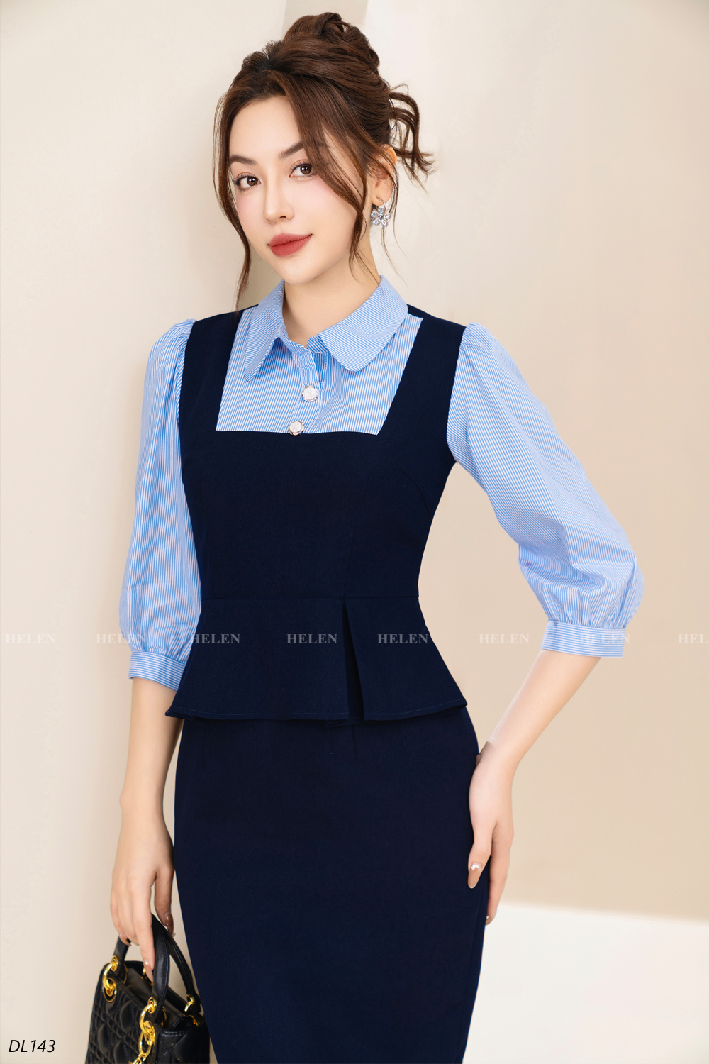 Đầm ôm peplum xanh than phối kẻ cổ đức DL143_thumbnail_3