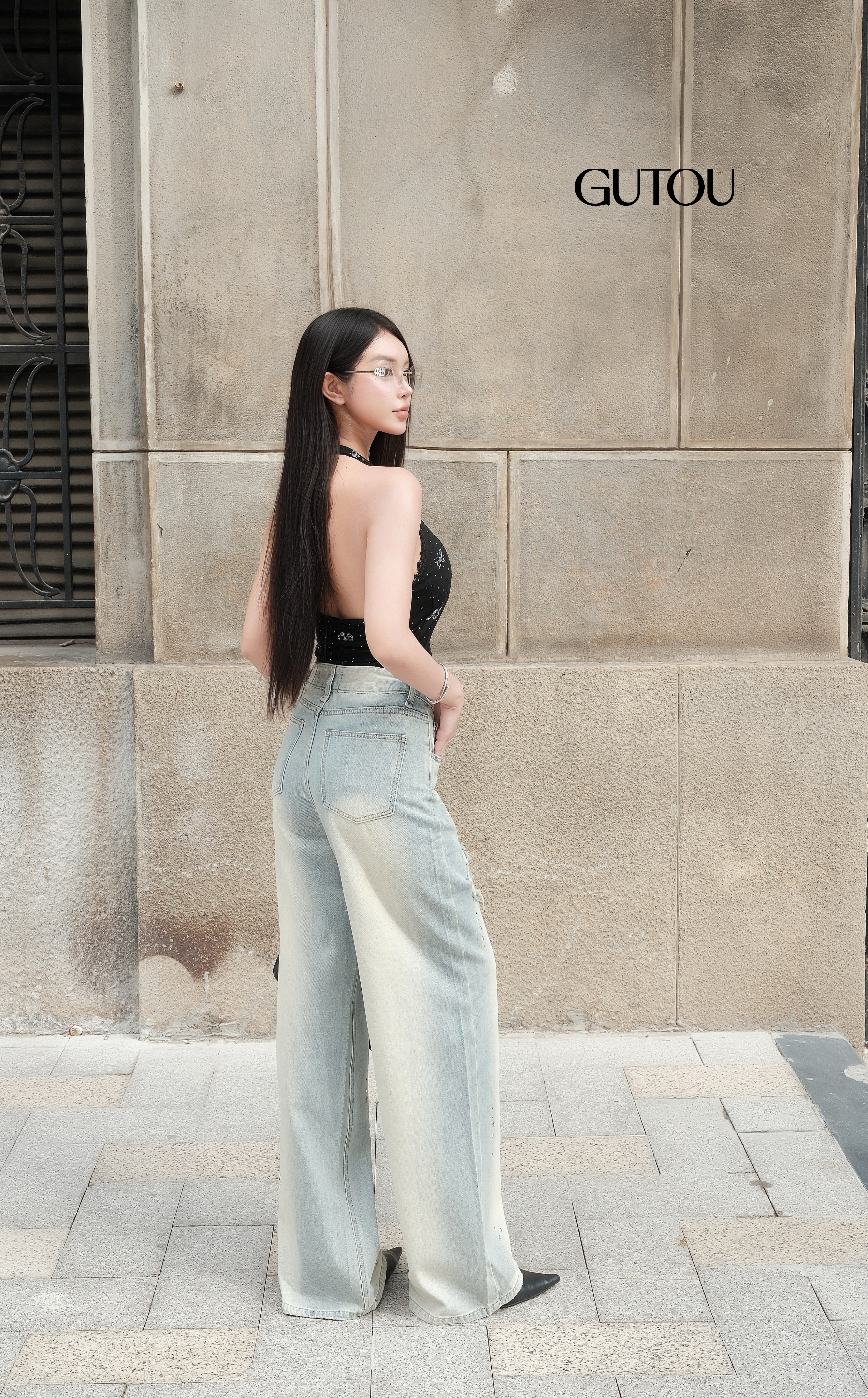 [ GUTOU ] Quần Jean Suông Wash Xước Đính Đá_thumbnail_4