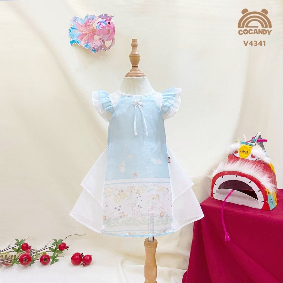 Váy cộc XANH phối TRẮNG họa tiết thỏ