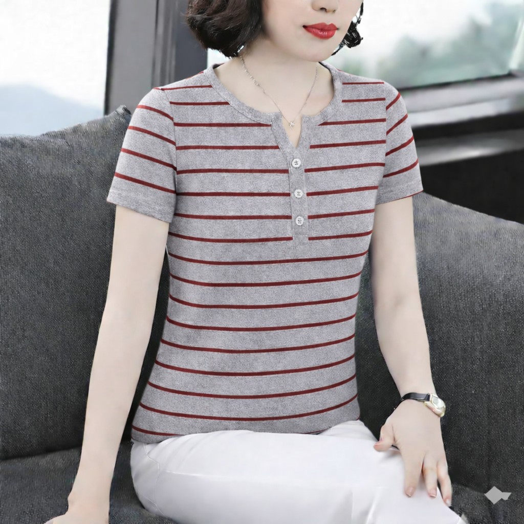 ATF007-Áo Thun Kẻ Cổ Xẻ Phối Cúc_thumbnail_1