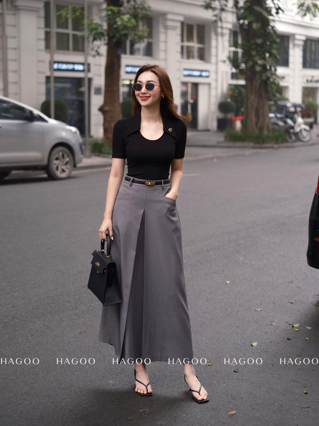 Chân váy ly sup xẻ V HAGOO