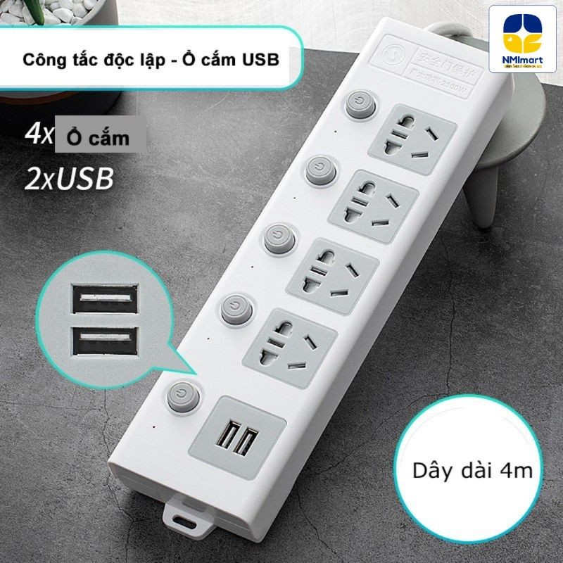 Ổ cắm điện đa năng NMI chịu tải 2500W, 2 cổng sạc USB 5V - An toàn chống cháy chống giật dây dài 1m8 và 2m5_thumbnail_5