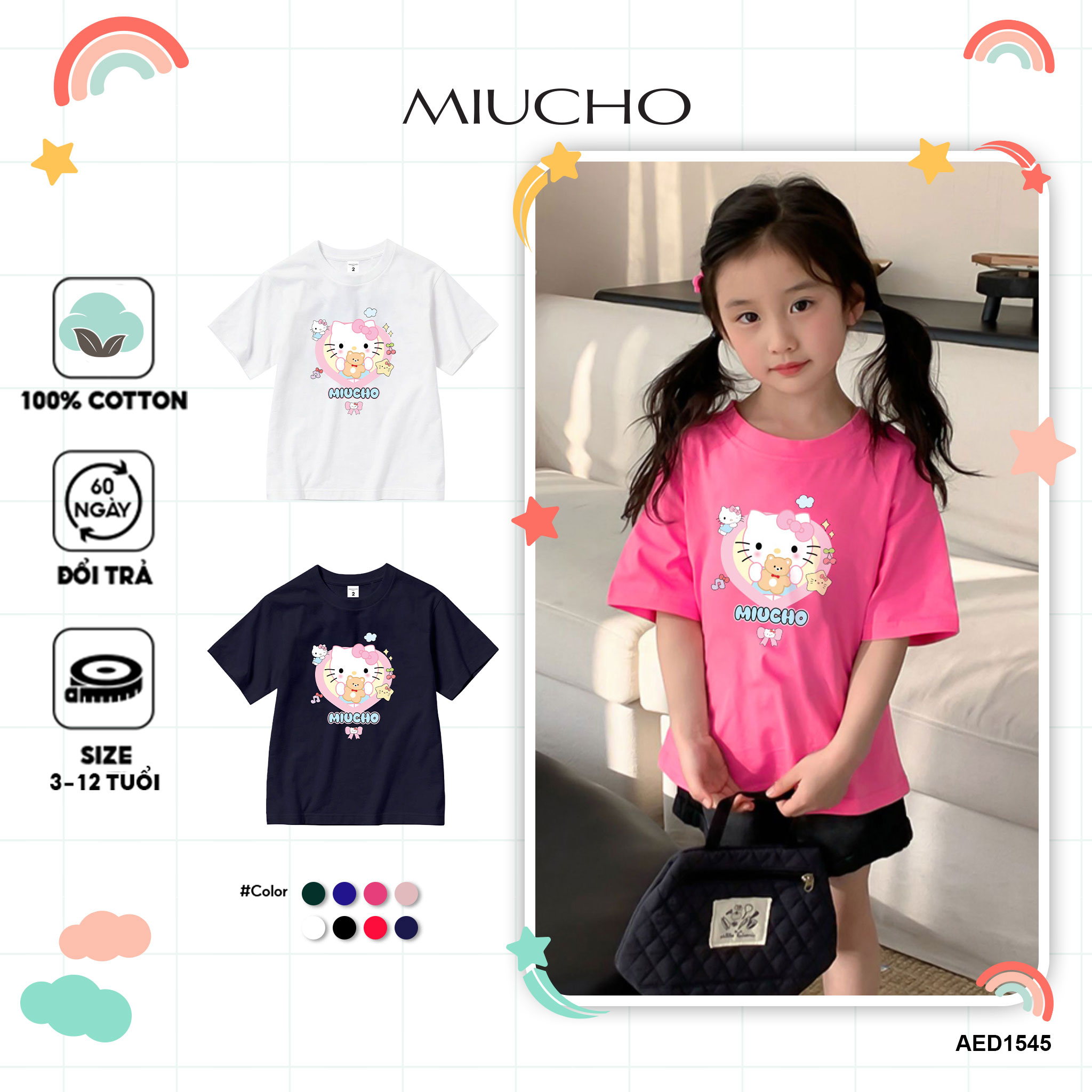 Áo thun bé gái form rộng chất vải cotton thoáng mát AED1545 Miucho Kid in artwork