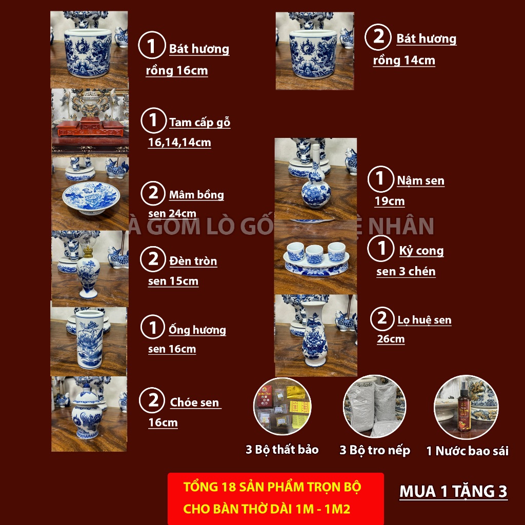 Men Trắng Bộ 18 Món Đồ Thờ Cúng Ban Thờ dài 1m,1m2 TẶNG Thất Bảo, Tro Nếp, Nước Thơm Bát Tràng_thumbnail_1