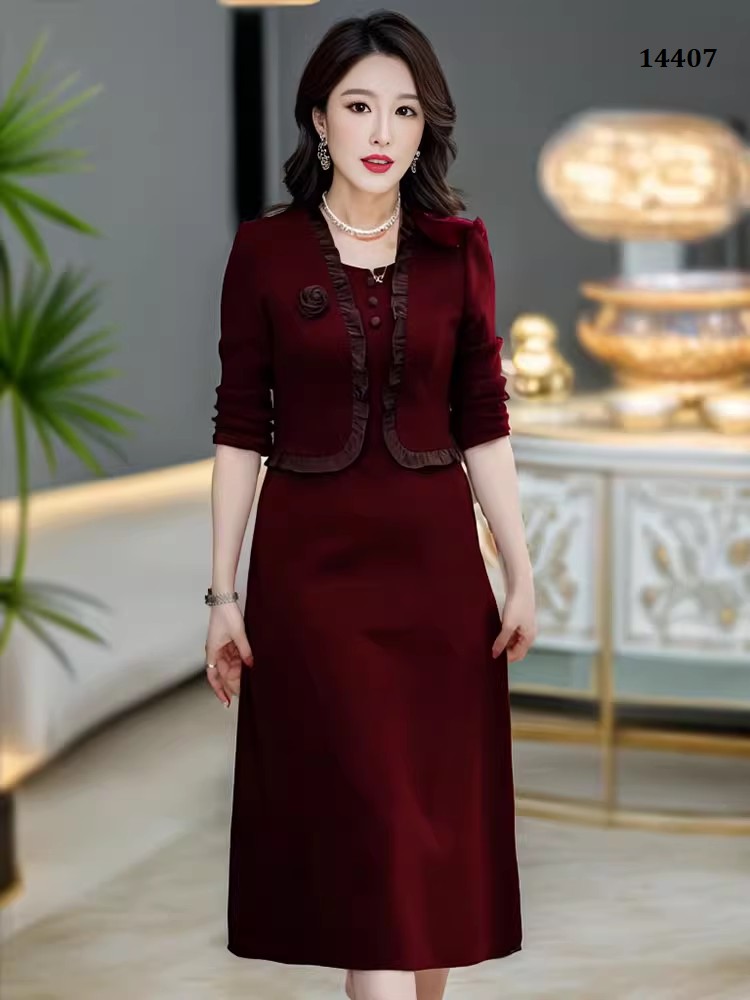 14407-Đầm đỏ xòe công sở tay dài phối kiểu áo giả rời (thun mịn)_thumbnail_2