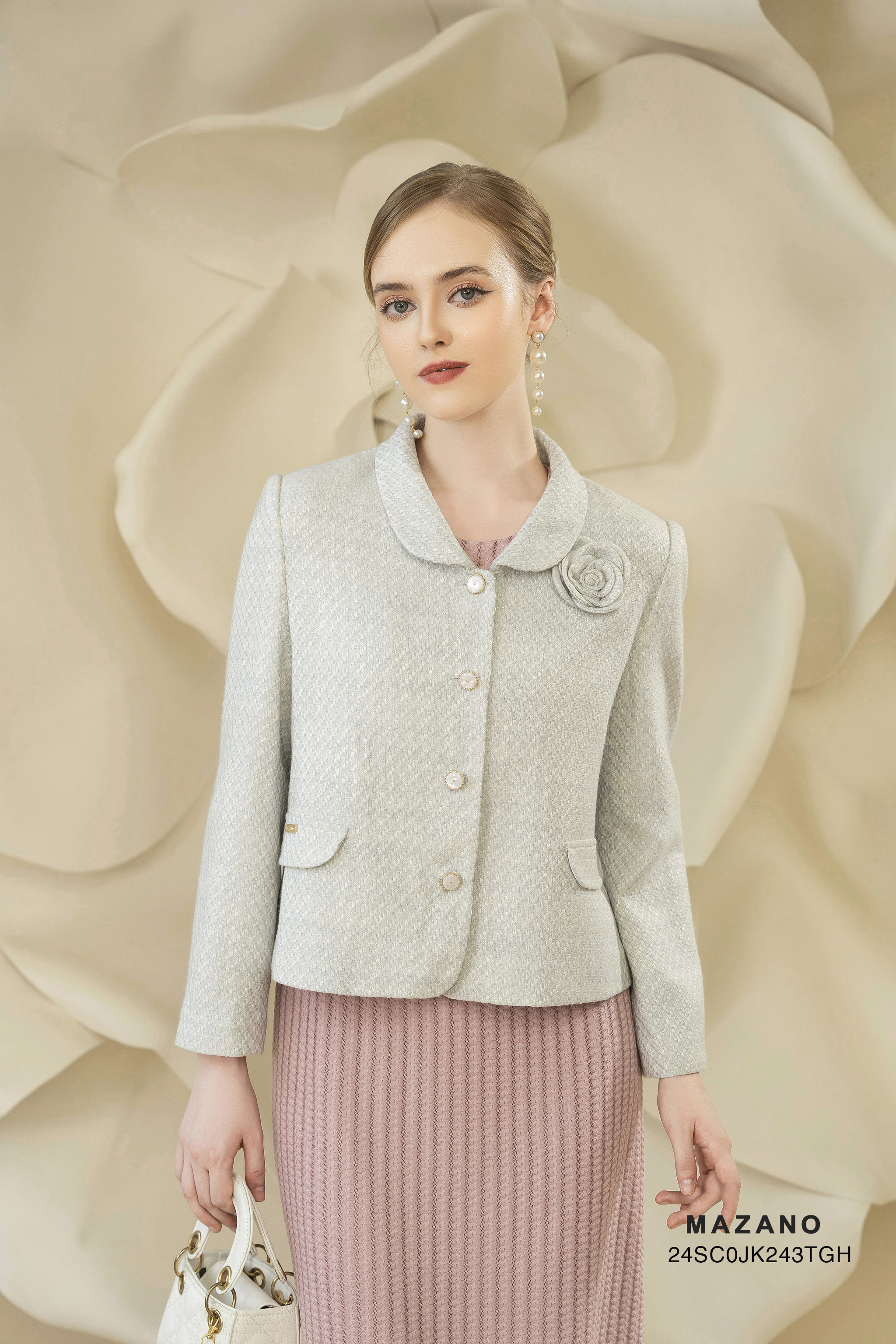 Áo khoác ngắn Suông Vải dạ tweed Đính hoa thủ công Dài dưới eo_thumbnail_2