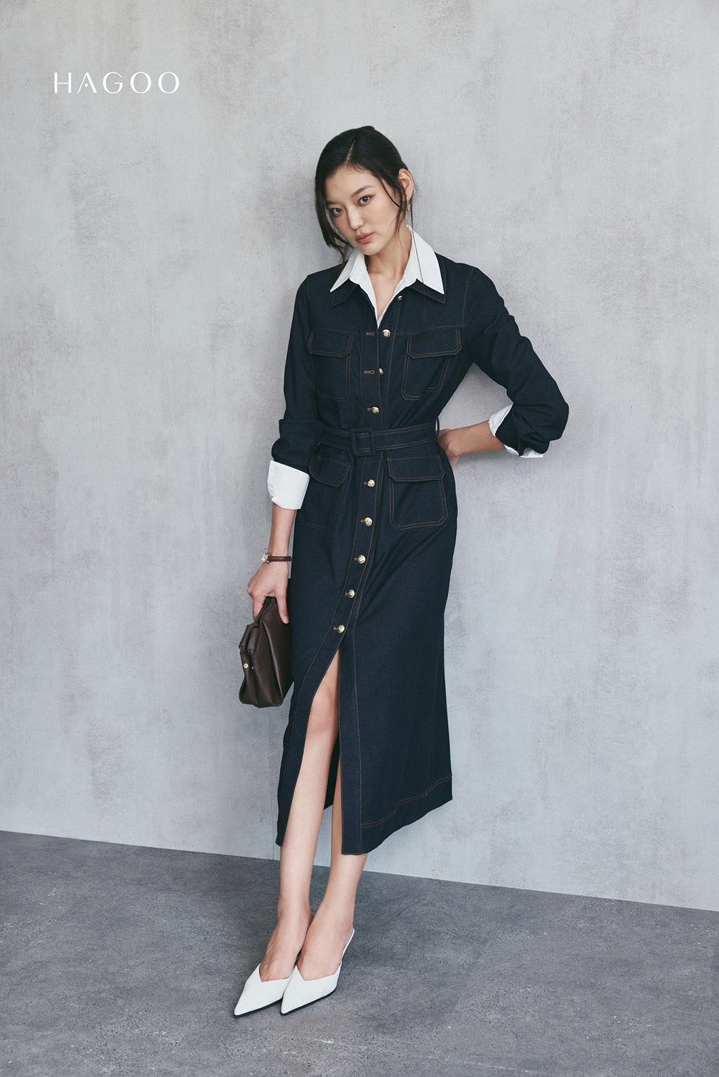 Váy Denim túi ốp diễu chỉ trang trí HAGOO