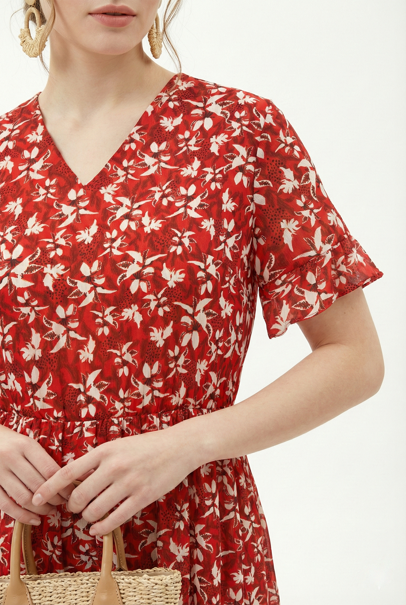 Đầm vải voan dày in hoa lan trắng nền đỏ dáng ôm chân rủ cổ V tay ngắn thiết kế MAZANO 1HA1SVA059DO_thumbnail_3