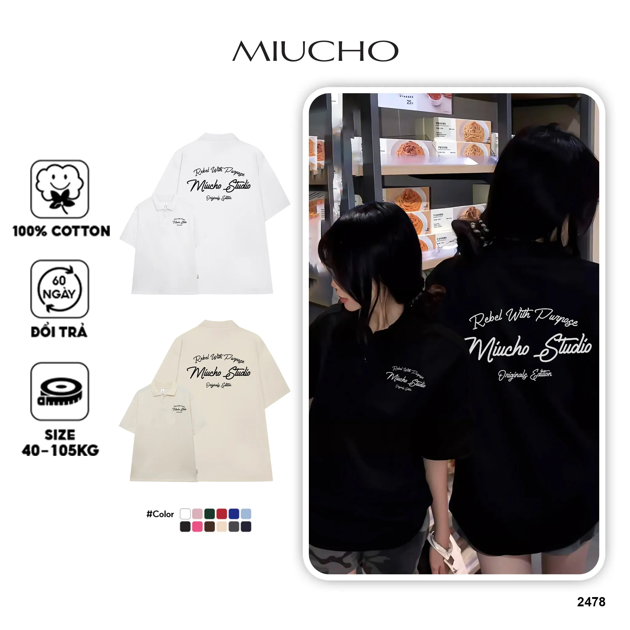 Áo polo form Oversize Miucho Studio 2478 tay ngắn cổ trụ vải cotton thoáng mát cao cấp