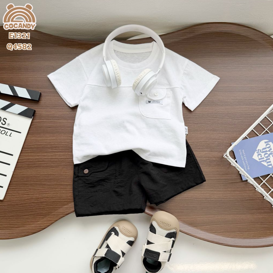 Áo cộc thun TRẮNG nắp túi ốp kẻ ngang