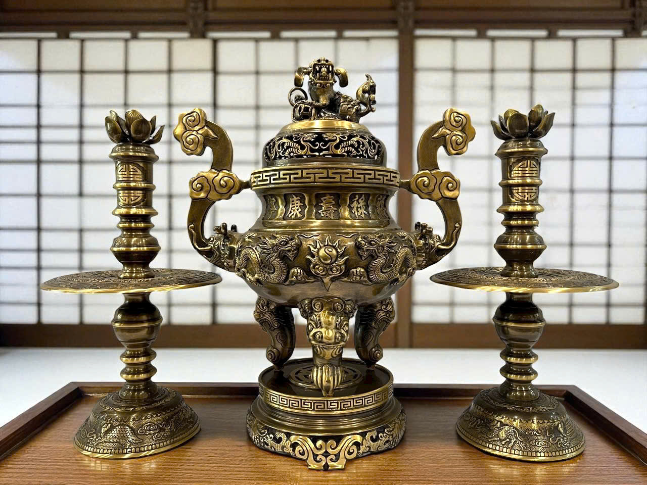 Bộ ngũ sự rồng đúc đồng vàng màu giả cổ cao 70cm _thumbnail_0