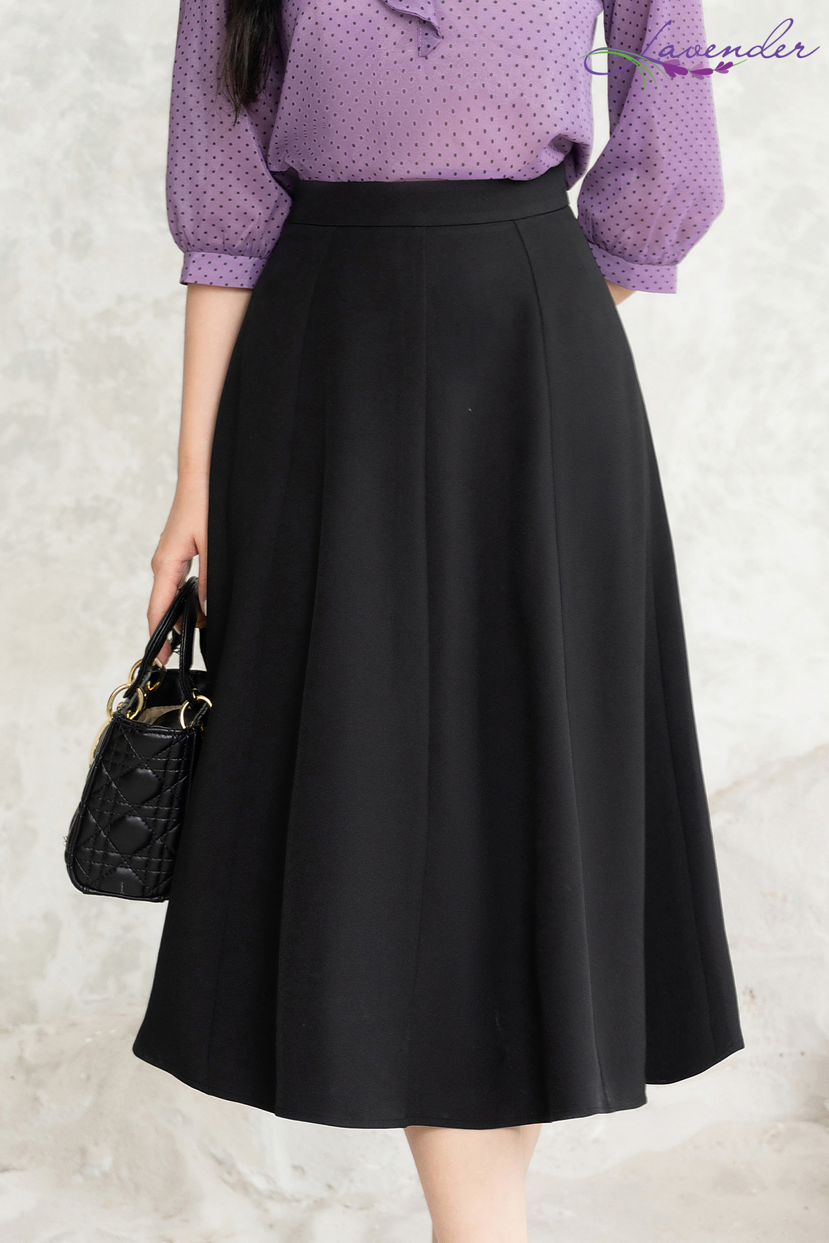 Chân váy xòe midi Thời trang Lavender đen 7 mảnh khóa kéo CV2910