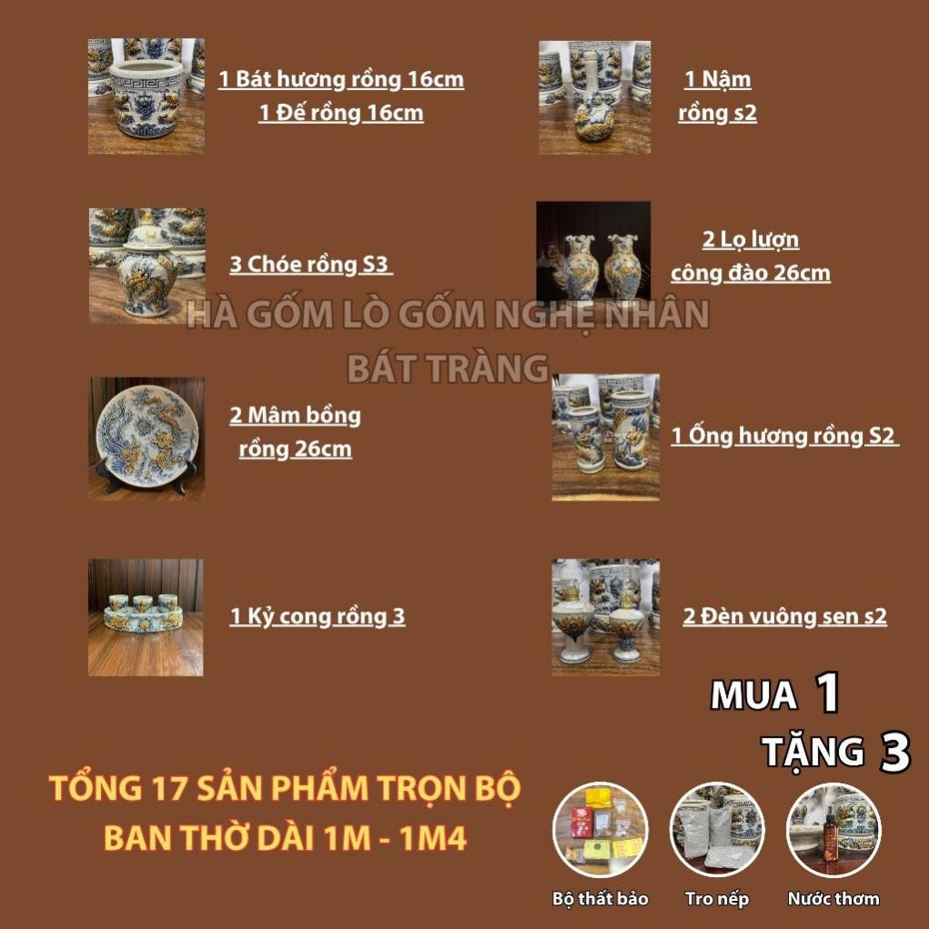 HG034 Đồ Thờ Cúng Bộ 17 món ban thờ 1M - 1M4 men rạn nổi nghệ nhân Bát Tràng chế tác TẶNG Thất Bảo, Tro Nếp_thumbnail_1
