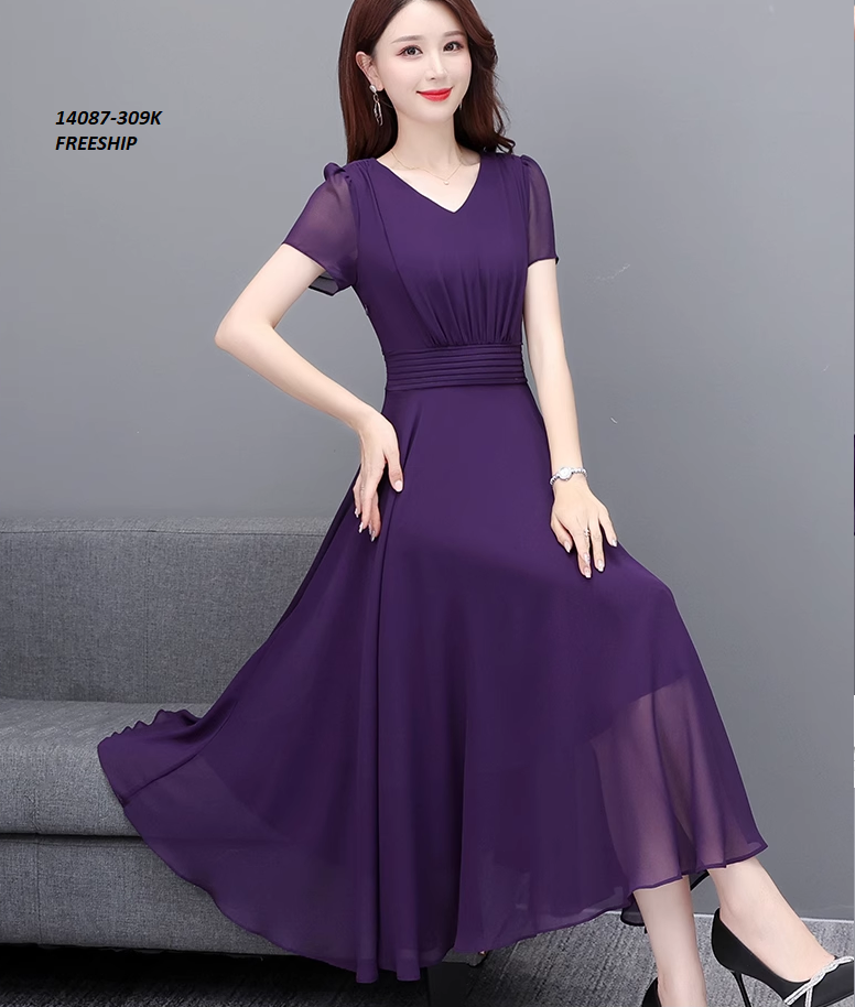 14087-Đầm xòe tay ngắn cổ V eo gấp nhún cách điệu ( voan, lót thun)FREESHIP_thumbnail_5