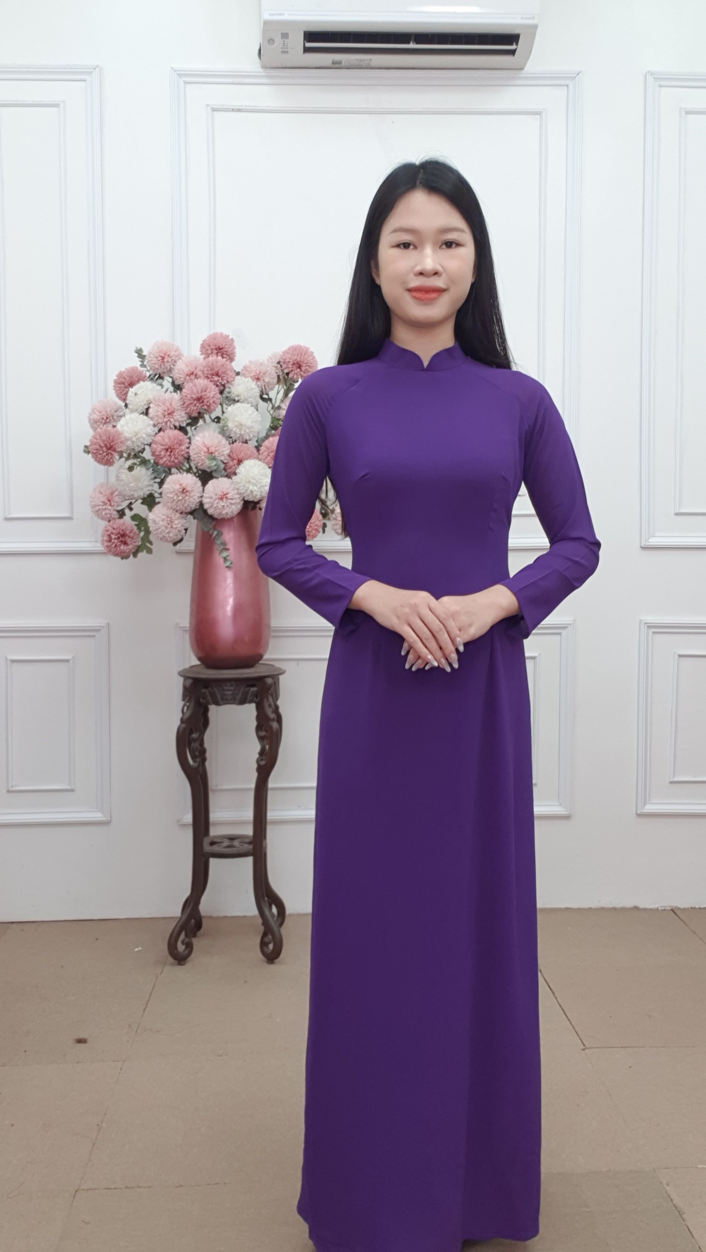 A805 bộ áo dài chiffon tím Huế cổ cao bốn tà + quần