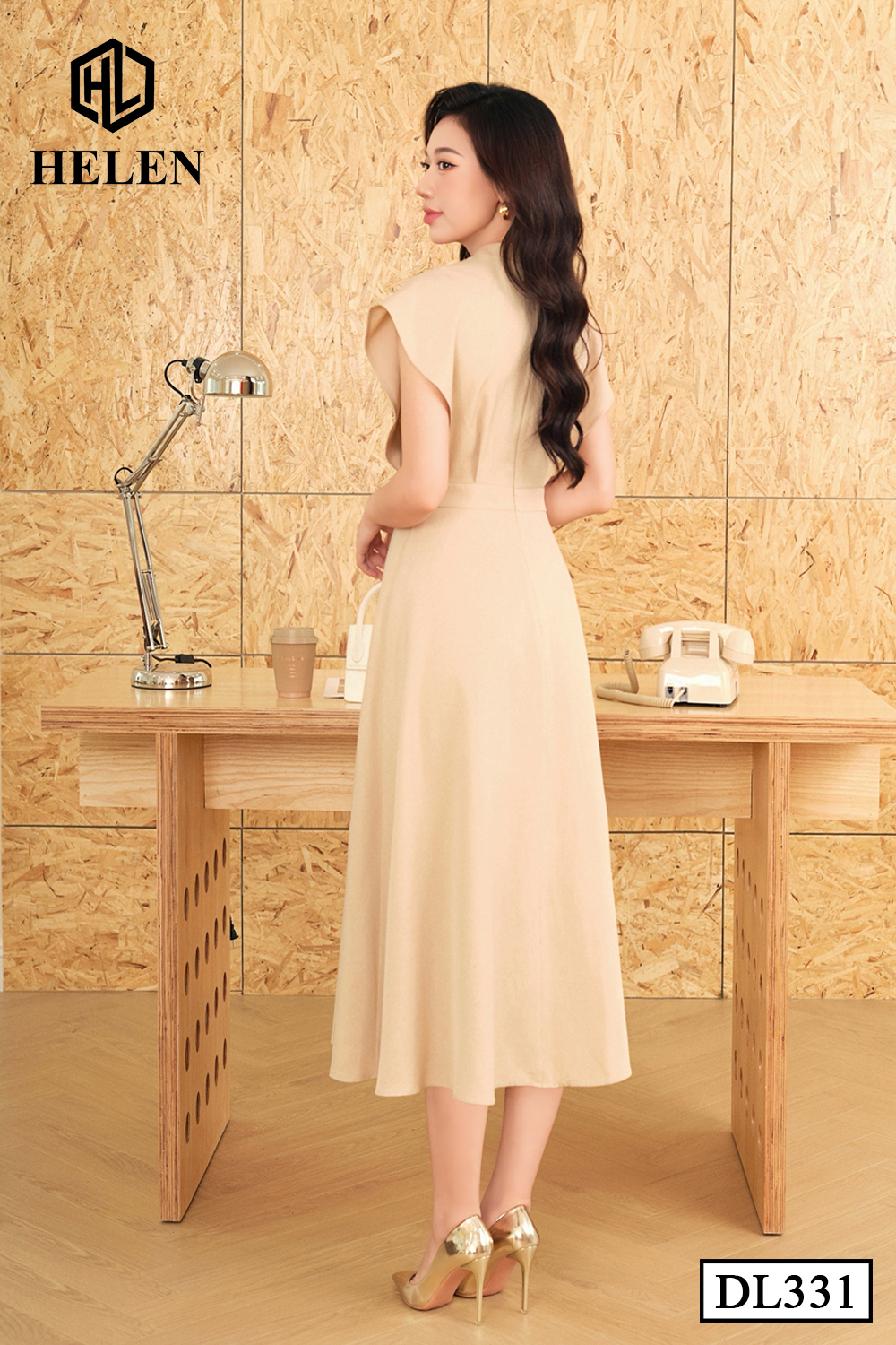 Đầm xòe màu be tay chờm cổ nơ DL331