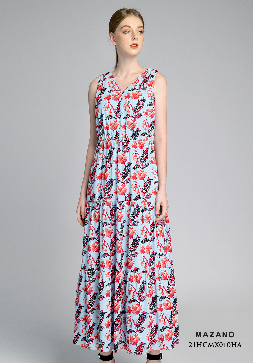 Đầm Maxi vải voan in hoa không tay