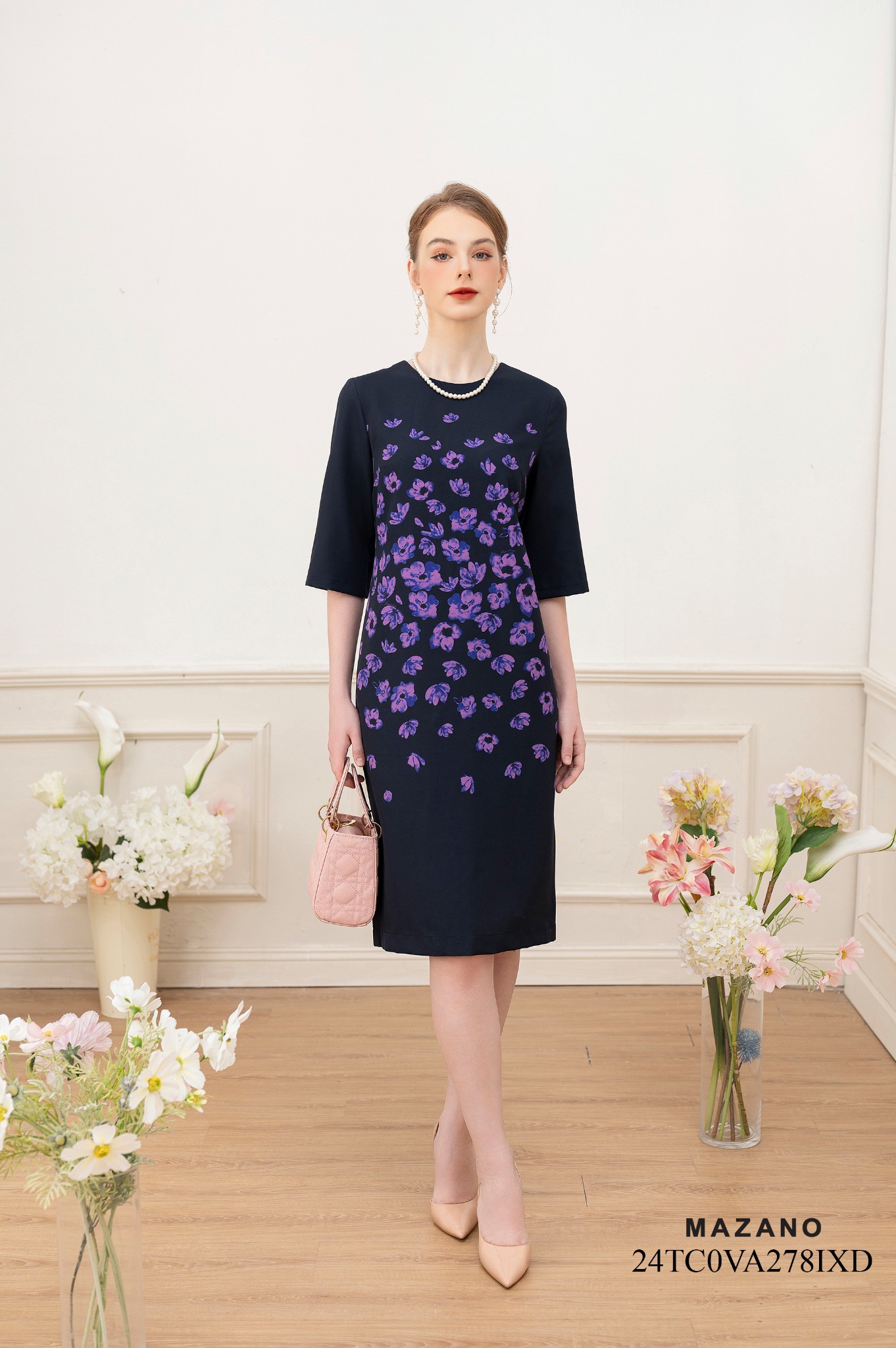 Váy Đầm suông Vải thô chun Hoạ tiết hoa lan tím cách điệu Cổ tròn Tay lỡ Dài qua gối